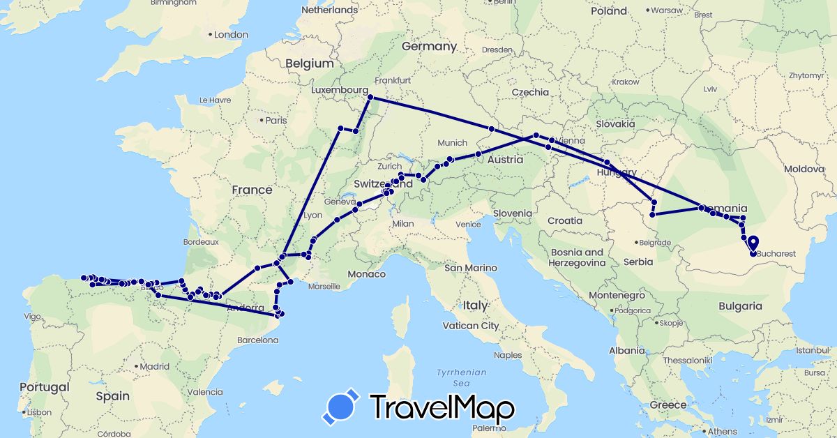 TravelMap itinerary: driving in Austria, Switzerland, Germany, Spain, France, Hungary, Romania (Europe)