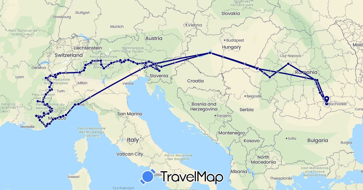 TravelMap itinerary: driving in Switzerland, France, Hungary, Italy, Romania, Slovenia (Europe)