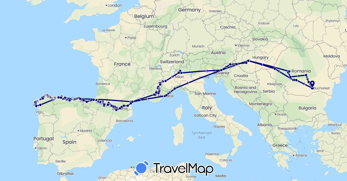 TravelMap itinerary: driving in Andorra, Spain, France, Hungary, Italy, Romania, Slovenia (Europe)