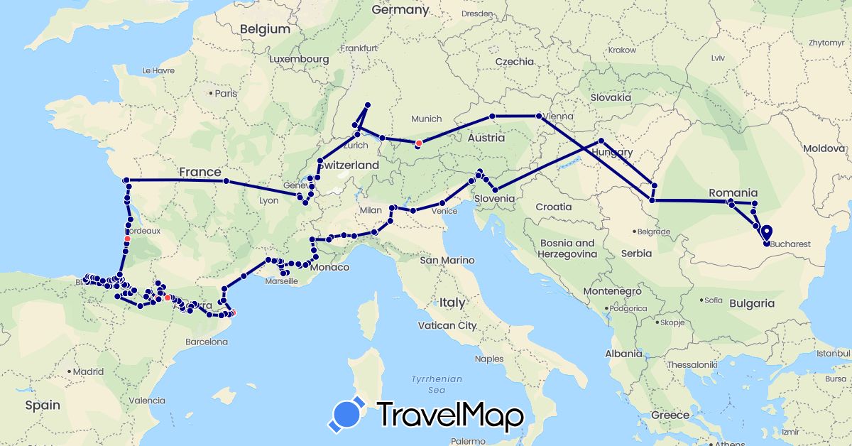 TravelMap itinerary: driving, hiking in Andorra, Austria, Switzerland, Germany, Spain, France, Hungary, Italy, Romania, Slovenia (Europe)
