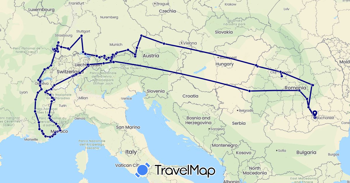 TravelMap itinerary: driving in Austria, Switzerland, Germany, France, Liechtenstein, Monaco, Romania (Europe)