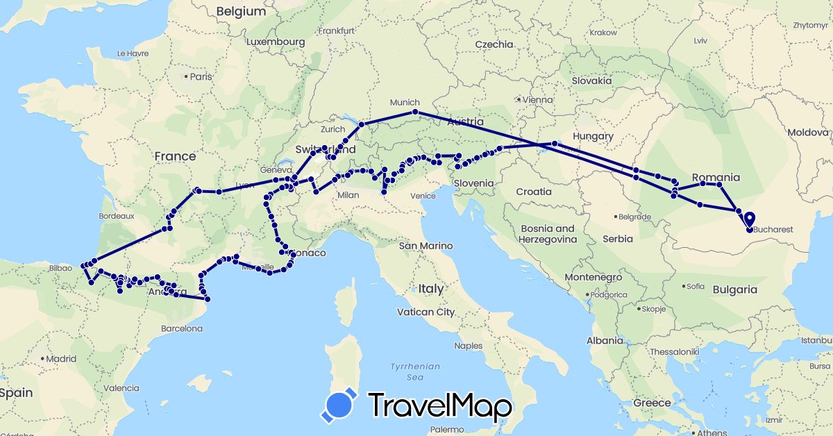 TravelMap itinerary: driving in Andorra, Austria, Switzerland, Germany, Spain, France, Hungary, Italy, Romania, Slovenia (Europe)