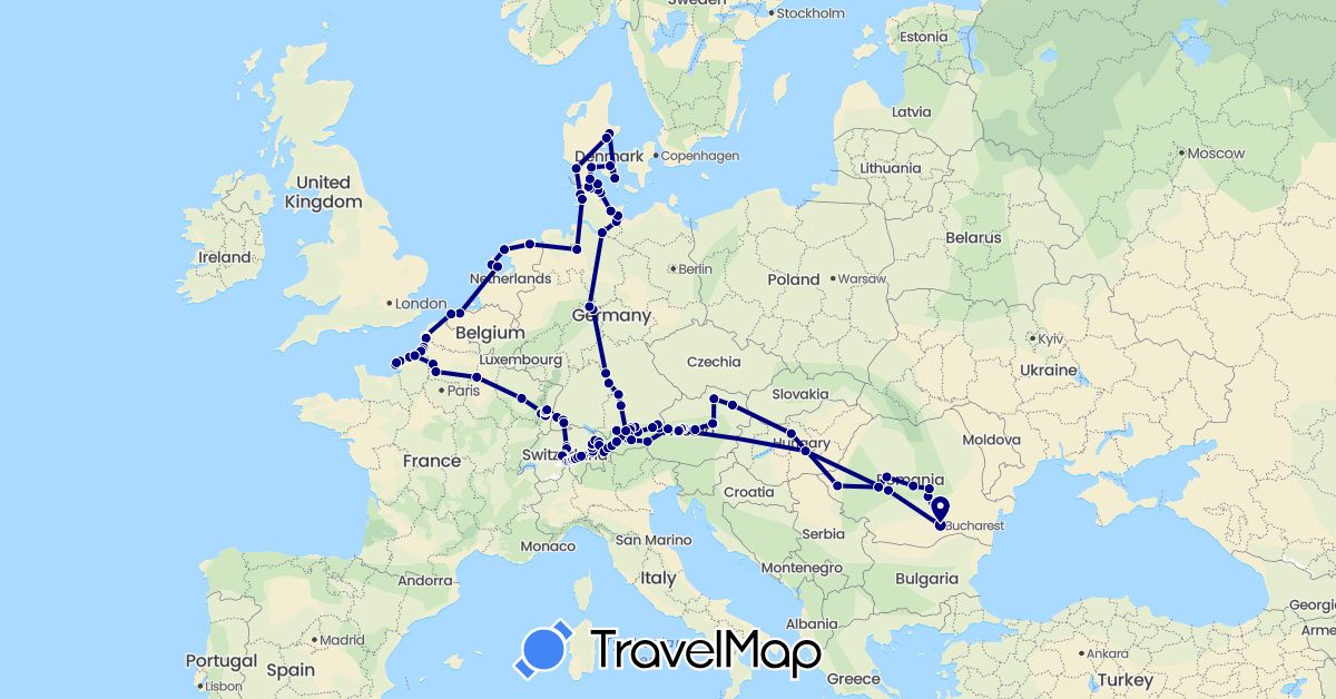 TravelMap itinerary: driving in Austria, Belgium, Switzerland, Germany, Denmark, France, Hungary, Liechtenstein, Netherlands, Romania (Europe)