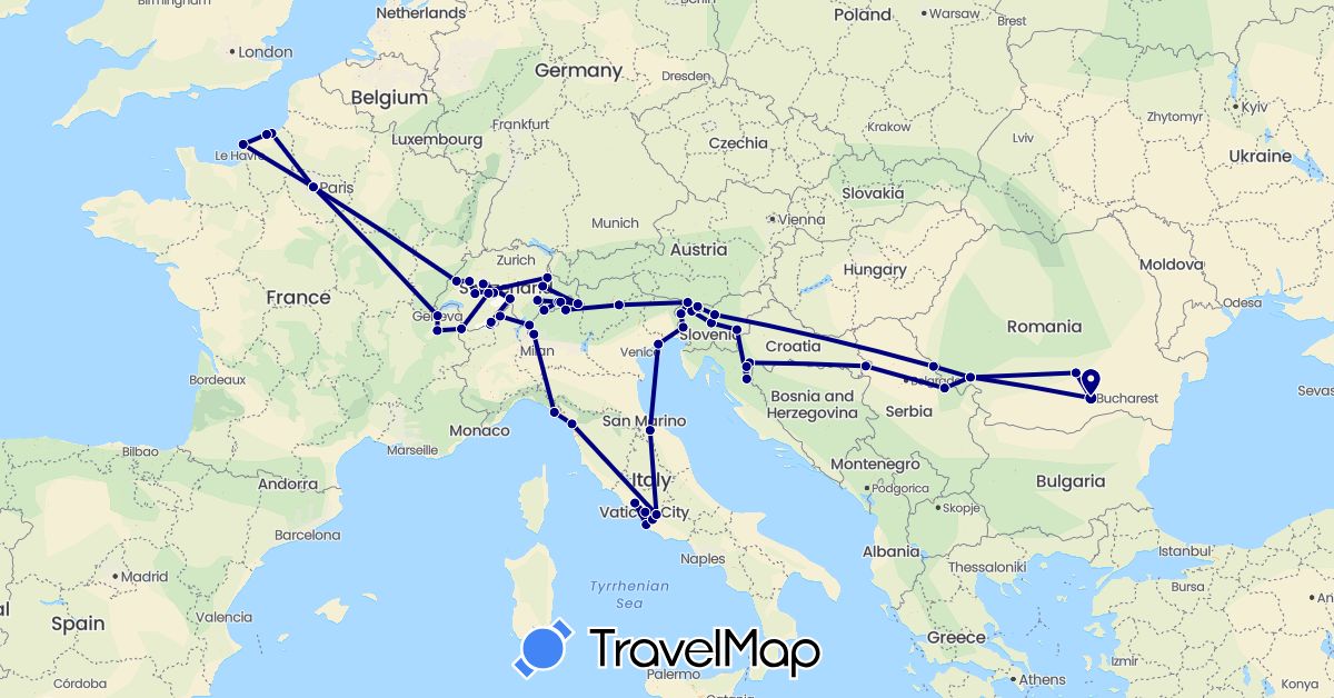 TravelMap itinerary: driving in Switzerland, France, Croatia, Italy, Romania, Serbia, Slovenia (Europe)