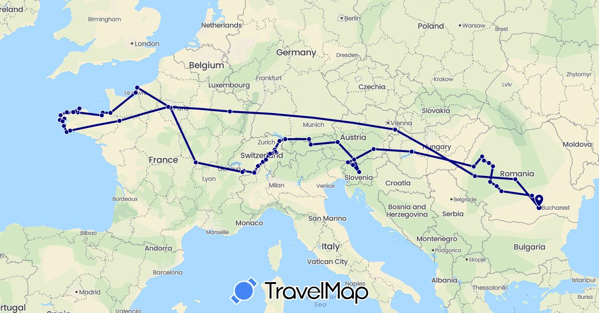 TravelMap itinerary: driving in Austria, Switzerland, Germany, France, Hungary, Romania, Slovenia (Europe)