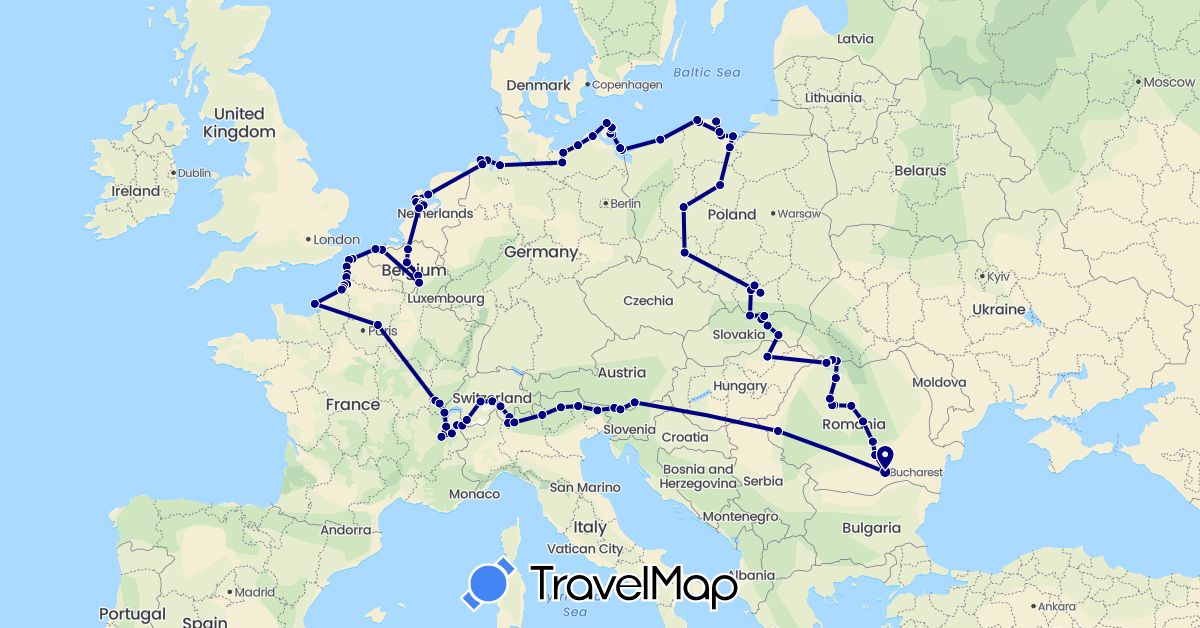 TravelMap itinerary: driving in Austria, Belgium, Switzerland, Germany, France, Hungary, Italy, Netherlands, Poland, Romania, Slovenia, Slovakia (Europe)