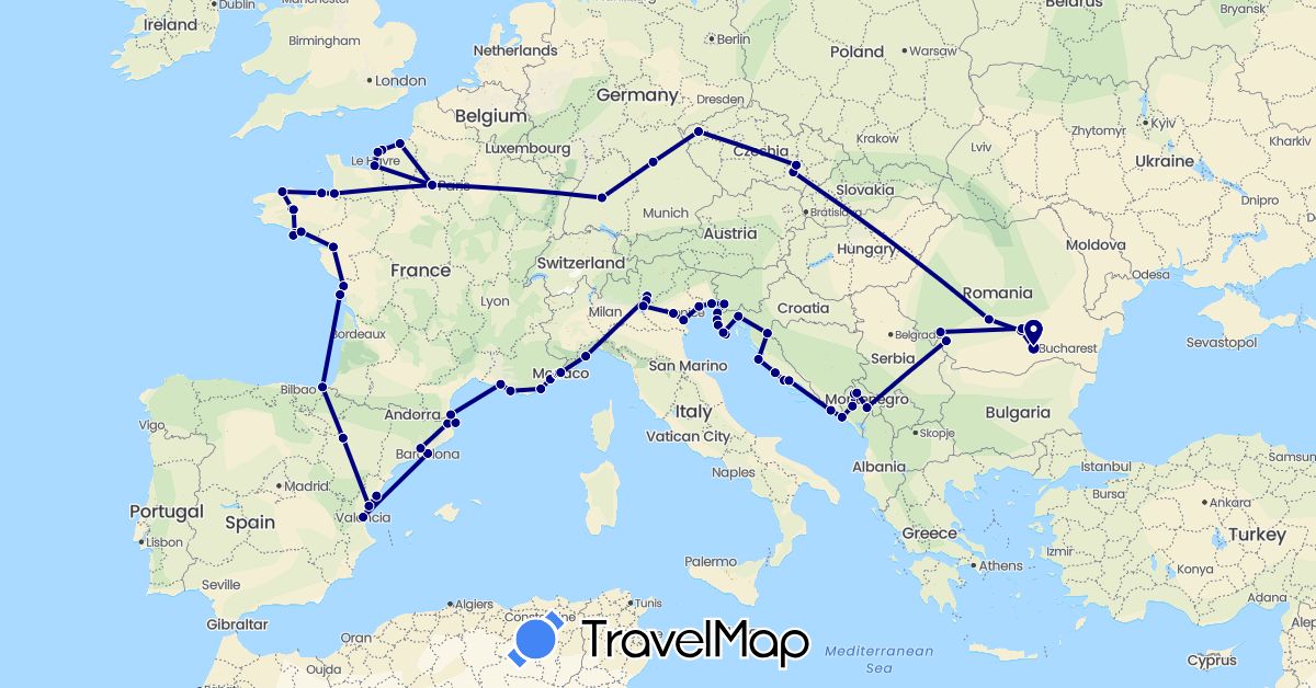 TravelMap itinerary: driving in Czech Republic, Germany, Spain, France, Croatia, Italy, Monaco, Montenegro, Romania, Slovenia (Europe)